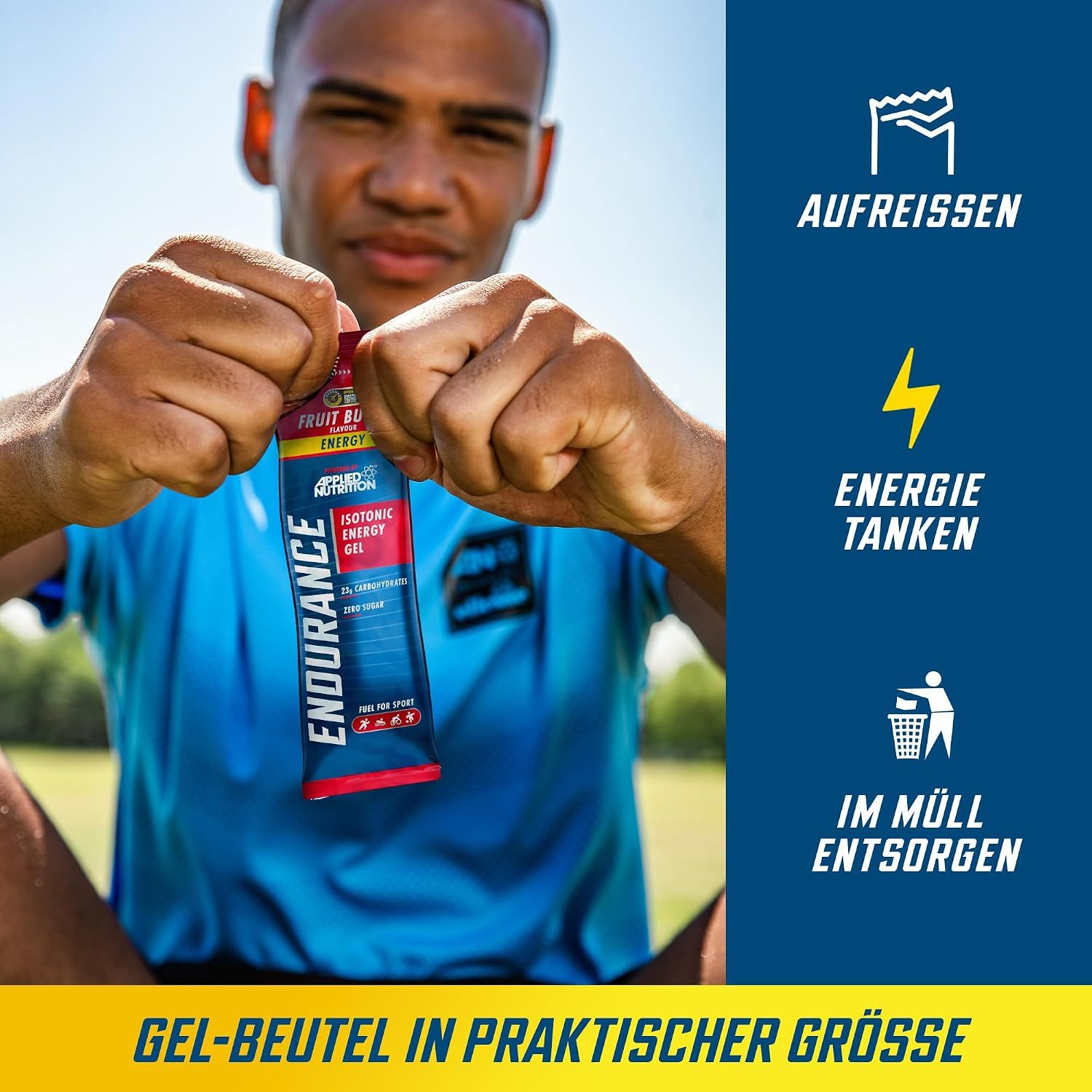Sportler hält eine Packung isotonisches Energie-Gel.