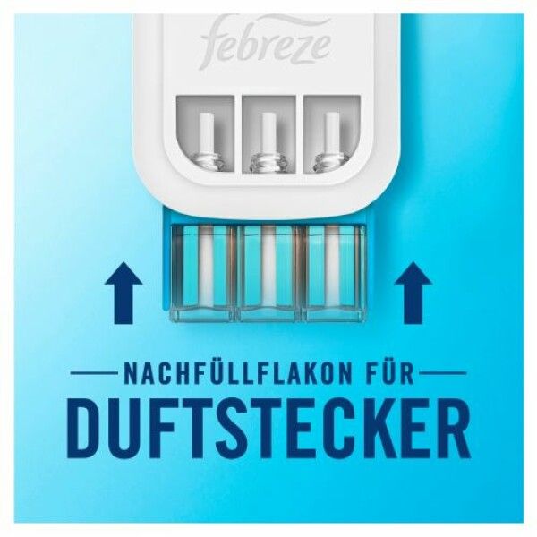 Nahaufnahme von Nachfüllflakons für Duftstecker. Pfeile zeigen nach oben. Text: Nachfüllflakon für Duftstecker.