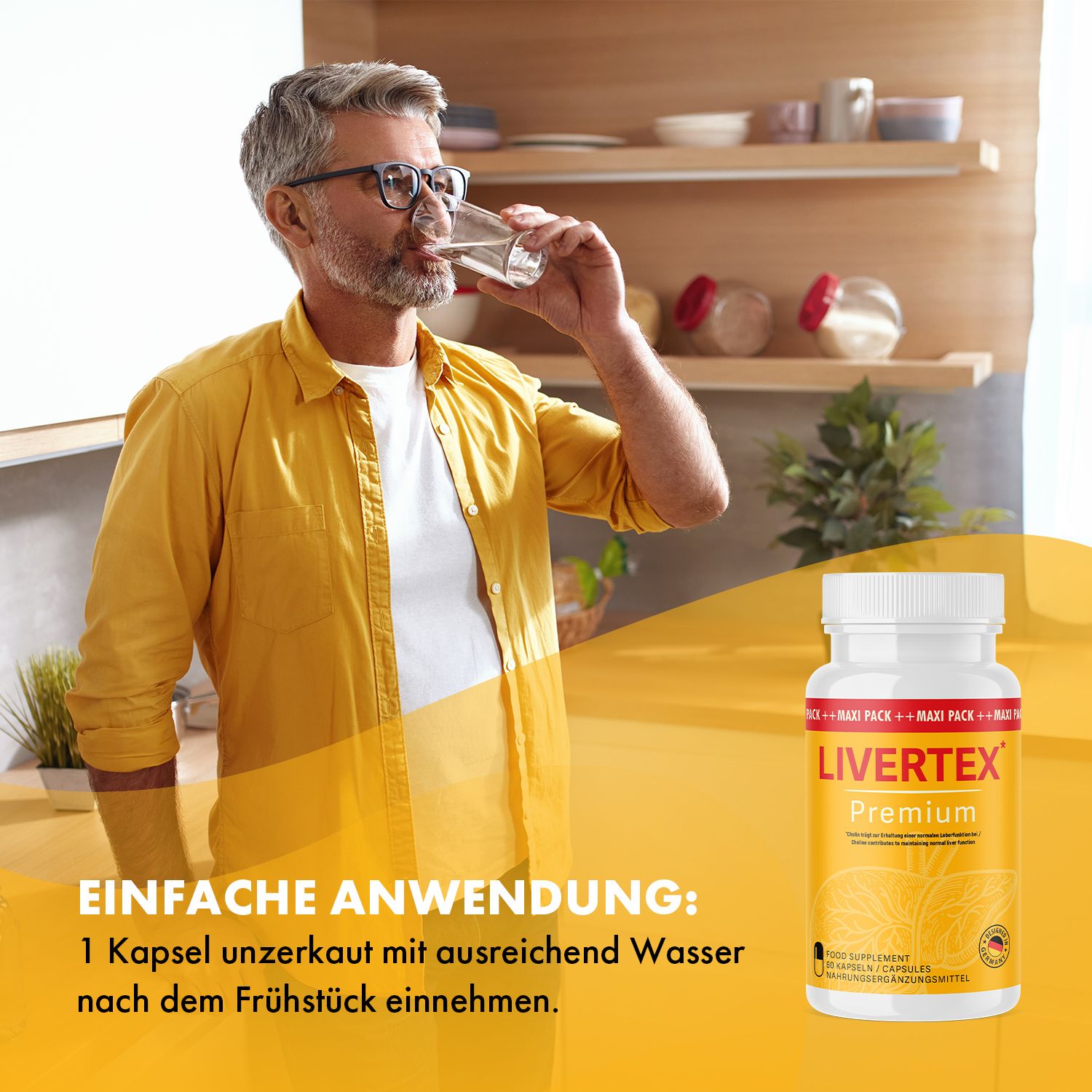 Mann trinkt Wasser, daneben Flasche Livertex Premium. Text: Einfache Anwendung: 1 Kapsel unzerkaut mit ausreichend Wasser nach dem Frühstück einnehmen.