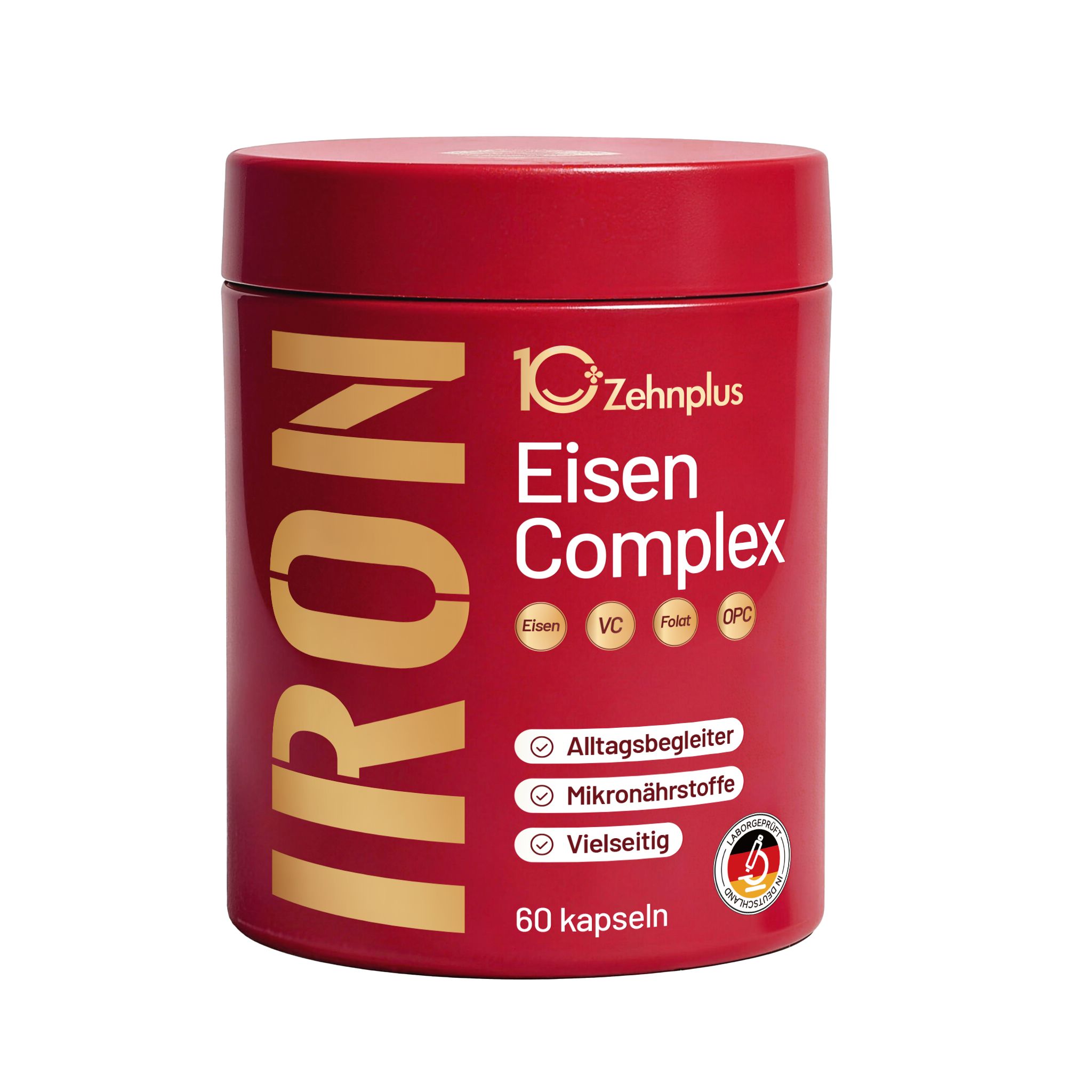 Rote Dose mit "IRON Eisen Complex" Aufschrift. Enthält 60 Kapseln.