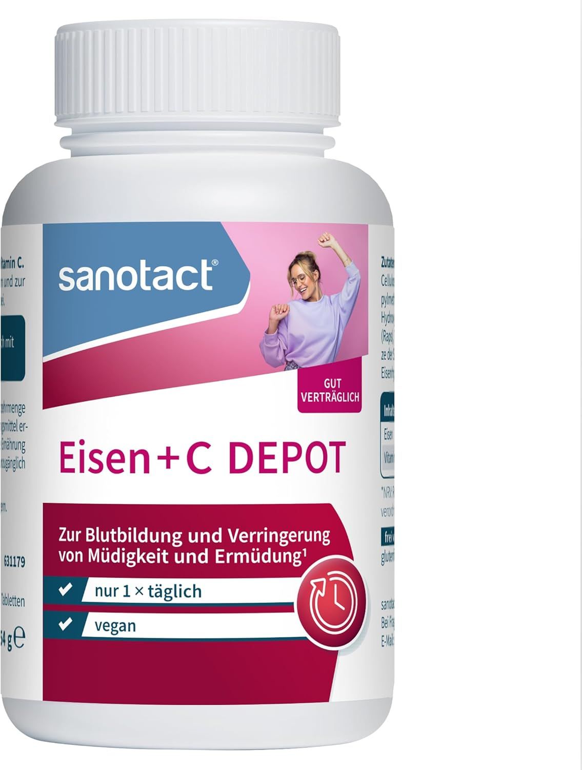 Weiße Flasche mit sanotact Eisen+C Depot. Roter Aufkleber mit Produktinformationen. Aufschrift: Zur Blutbildung und Verringerung von Müdigkeit.