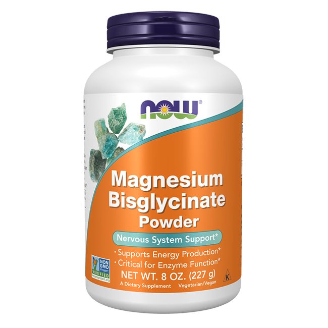 Weißer Behälter mit orangefarbenem Etikett. Aufschrift: Magnesium Bisglycinat Powder. Marke: NOW. Nettoinhalt: 8 oz (227 g).