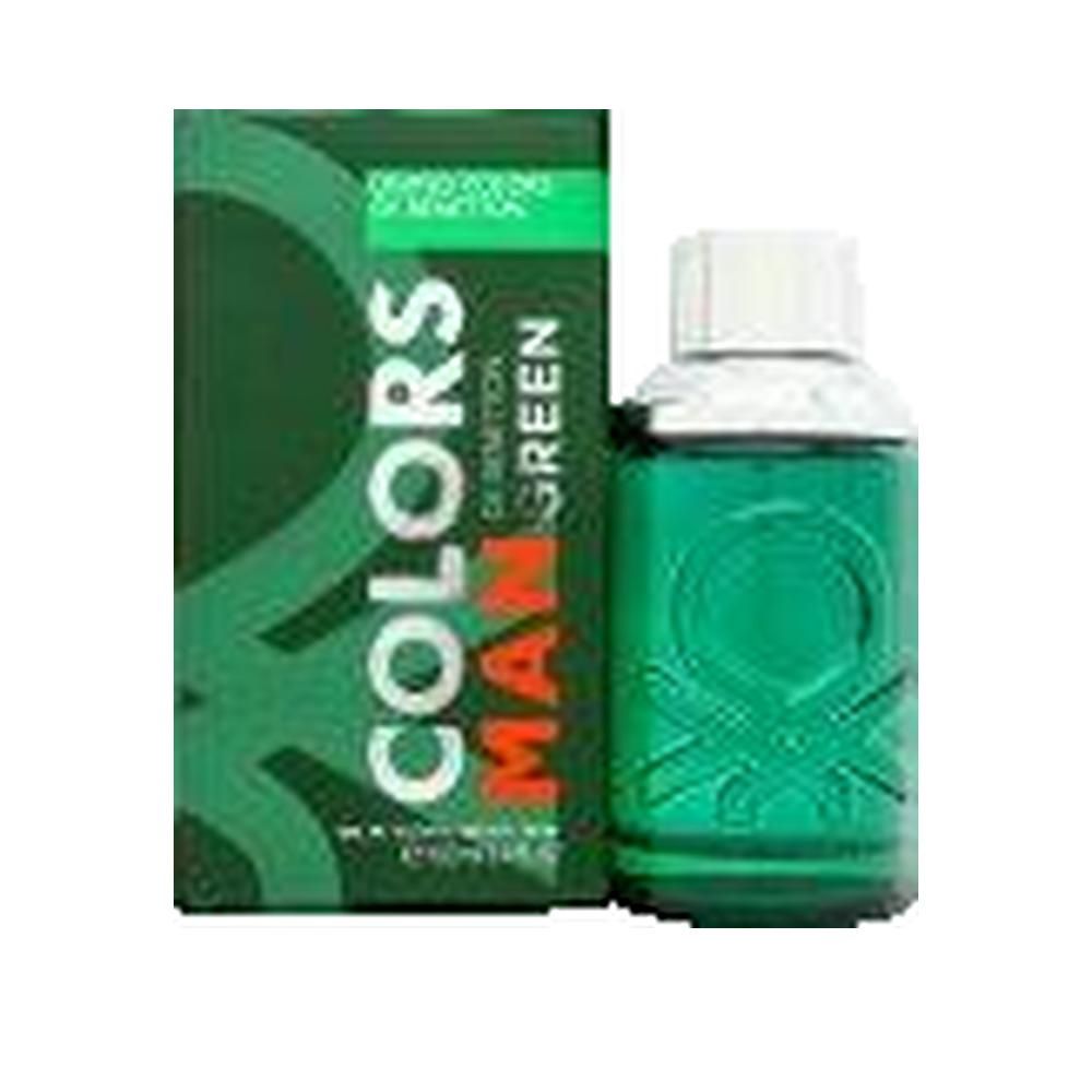 Grüne Flasche und Verpackung. Aufschrift: COLORS MAN GREEN. Rechteckige Flasche mit weißem Deckel. Grüne Verpackung mit Logo.