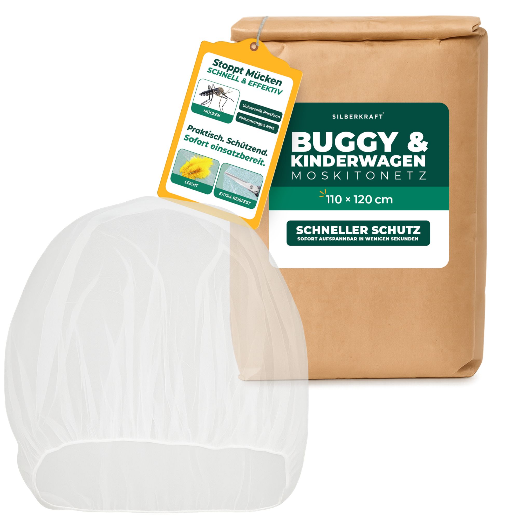 Moskitonetz, Produkt-Label und Verpackung. Text: Stoppt Mücken schnell & effektiv. Schneller Schutz. Ohne Chemie.