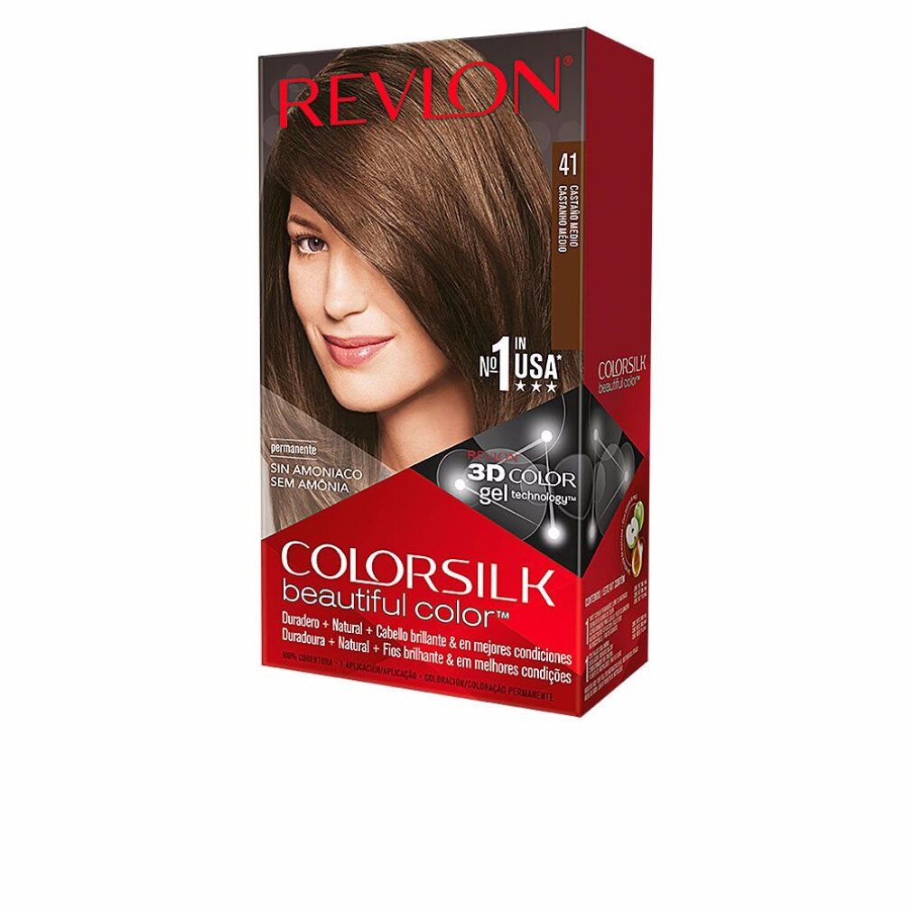 Revlon Colorsilk-Verpackung, 41 Medium Brown, ohne Ammoniak. Aufdruck: permanente Farbe. Abbildung einer Frau mit braunen Haaren.