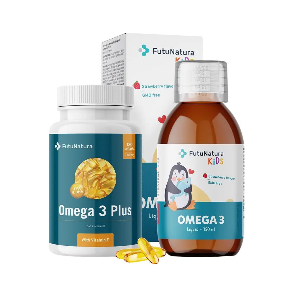 FutuNatura Omega-3 Family Pack. Enthält Kapseln und Flüssigkeit. Kapseln mit Omega 3 Plus, Flüssigkeit mit Omega 3 Kids.