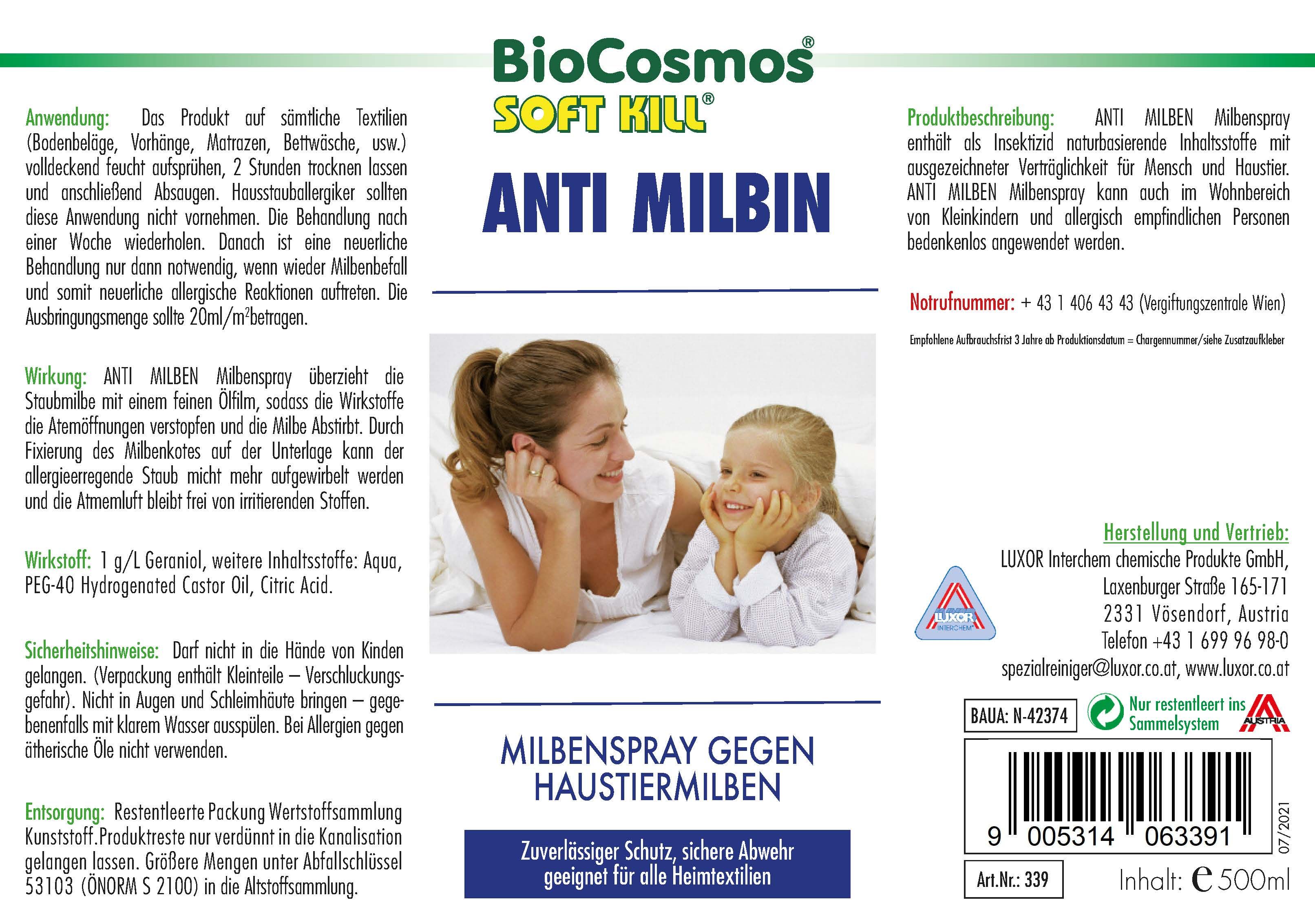 Etikett einer BioCosmos Anti Milbin Sprayflasche. Enthält Anwendungshinweise und Inhaltsstoffe.