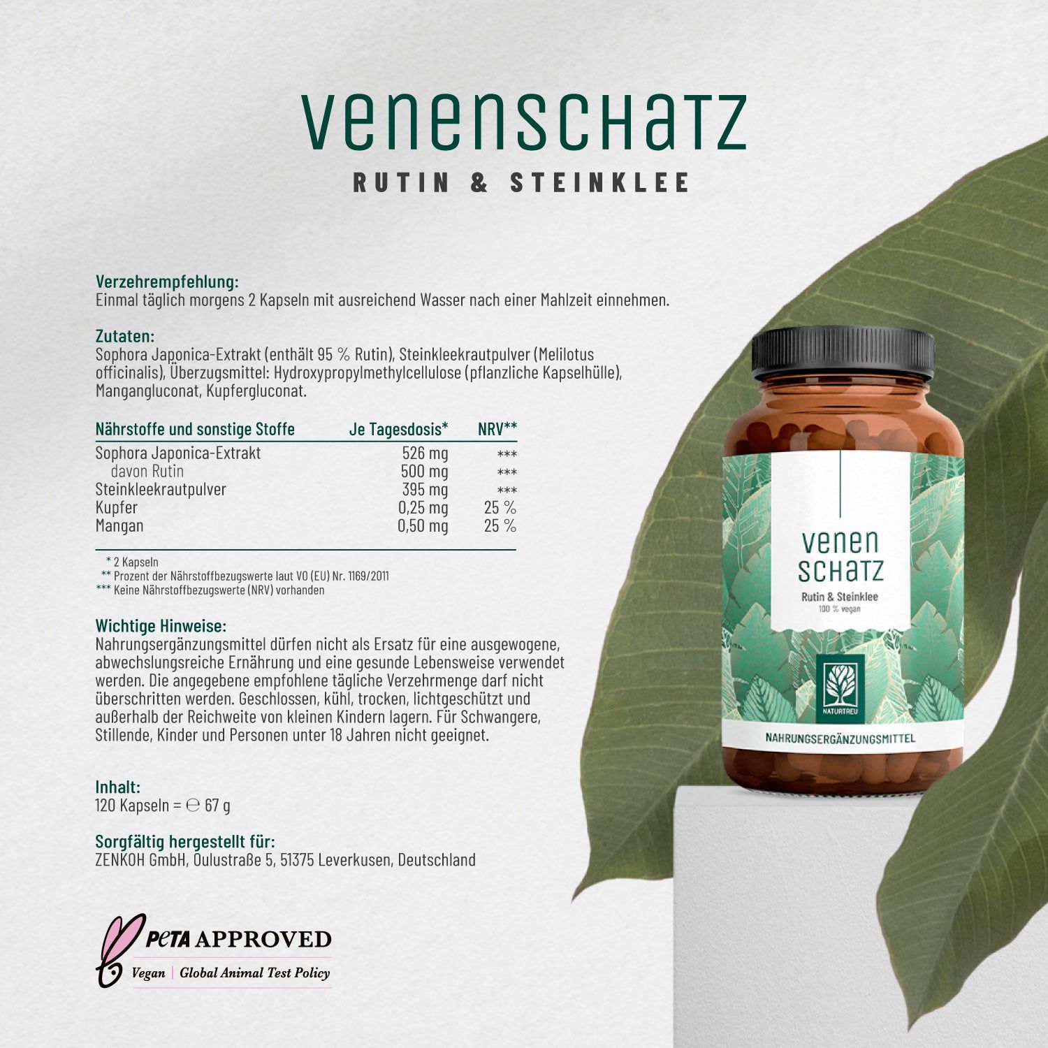 Produktflasche und Text. Text: Venenschatz, Rutin & Steinklee. Verzehrempfehlung, Inhaltsstoffe, Nährstoffe, wichtige Hinweise. PETA-Siegel.