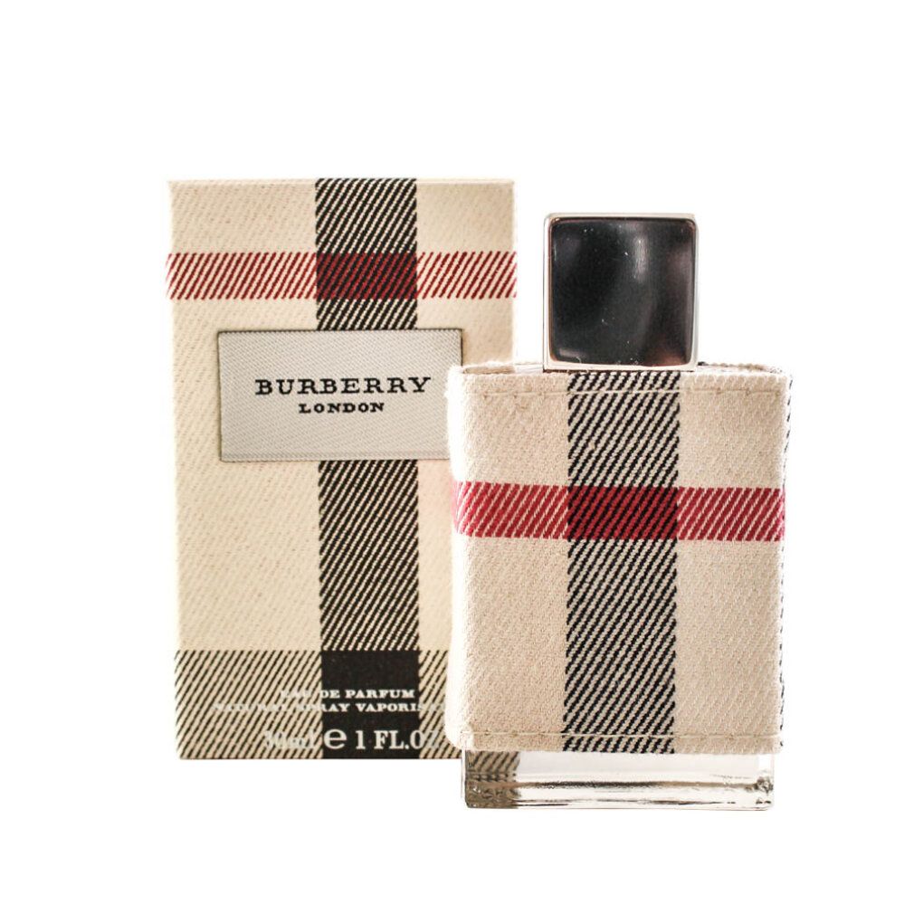 Burberry London for Her Eau De Parfum Spray mit Verpackung. Karomuster. Flakon und Schachtel. Text: Burberry London, Eau de Parfum, 1 fl oz.