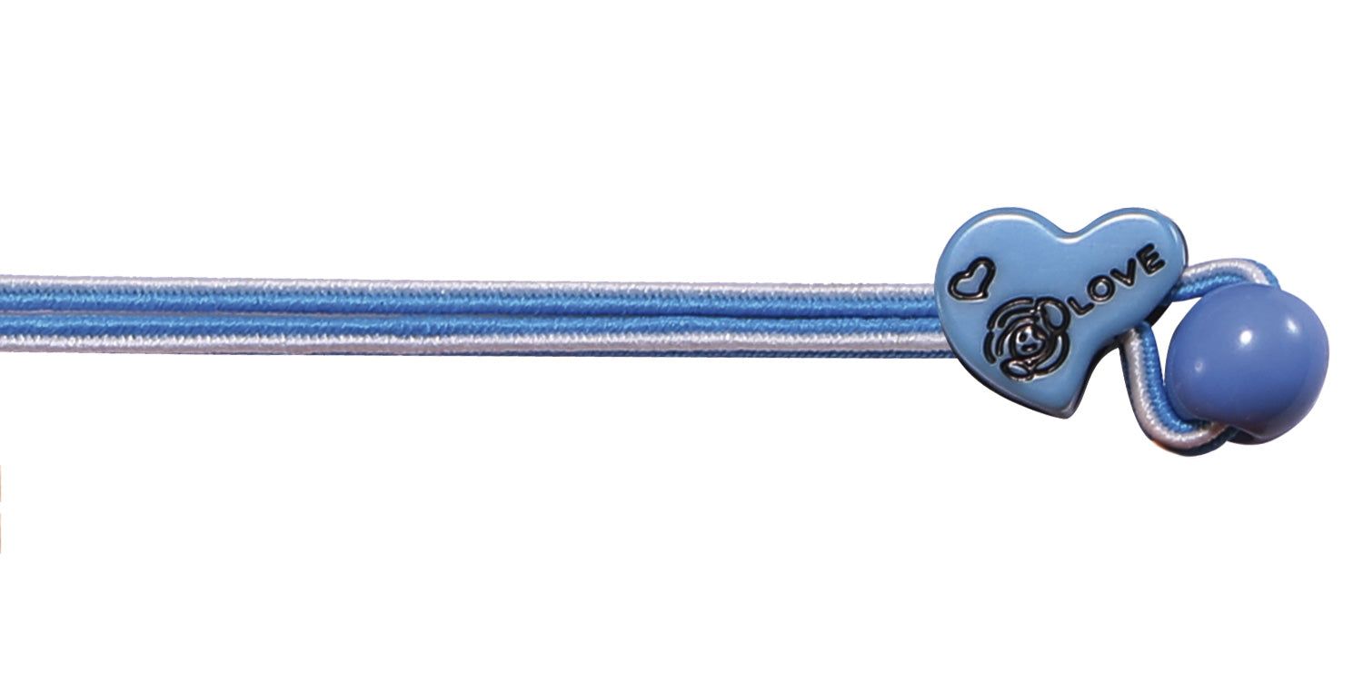 Blaues Brillenband mit Herz-Dekor und Kordelende. Für Kinderbrillen.