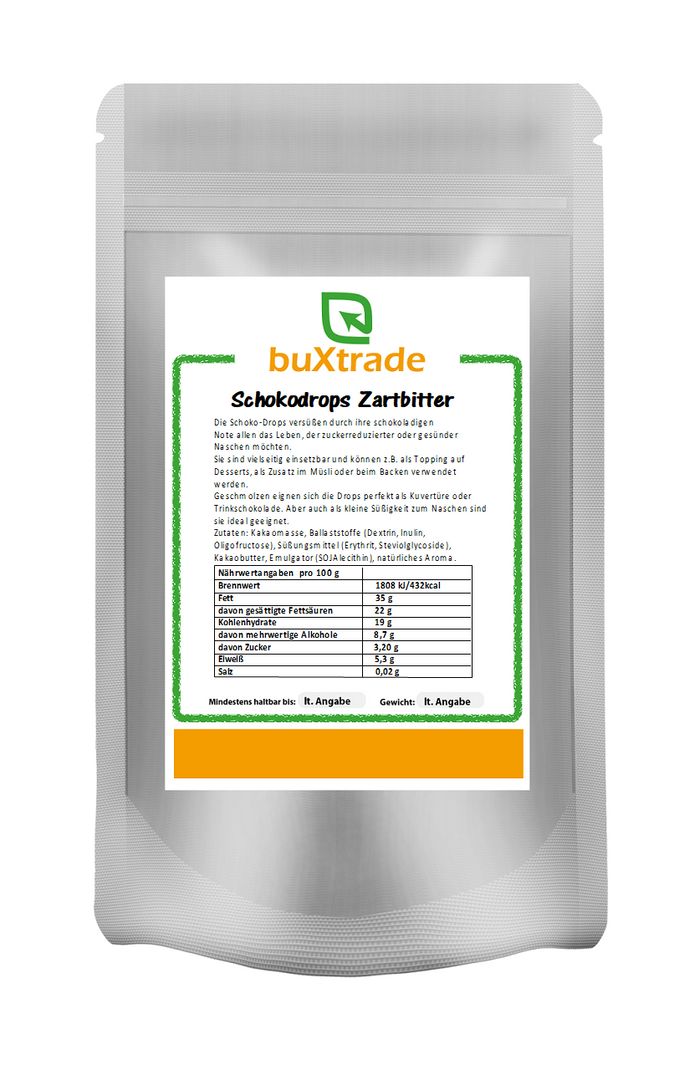 Verpackung von buXtrade Schokodrops Zartbitter. Aufdruck mit Produktnamen, Nährwertangaben und Logo. Weißer Beutel mit grünem Rahmen.