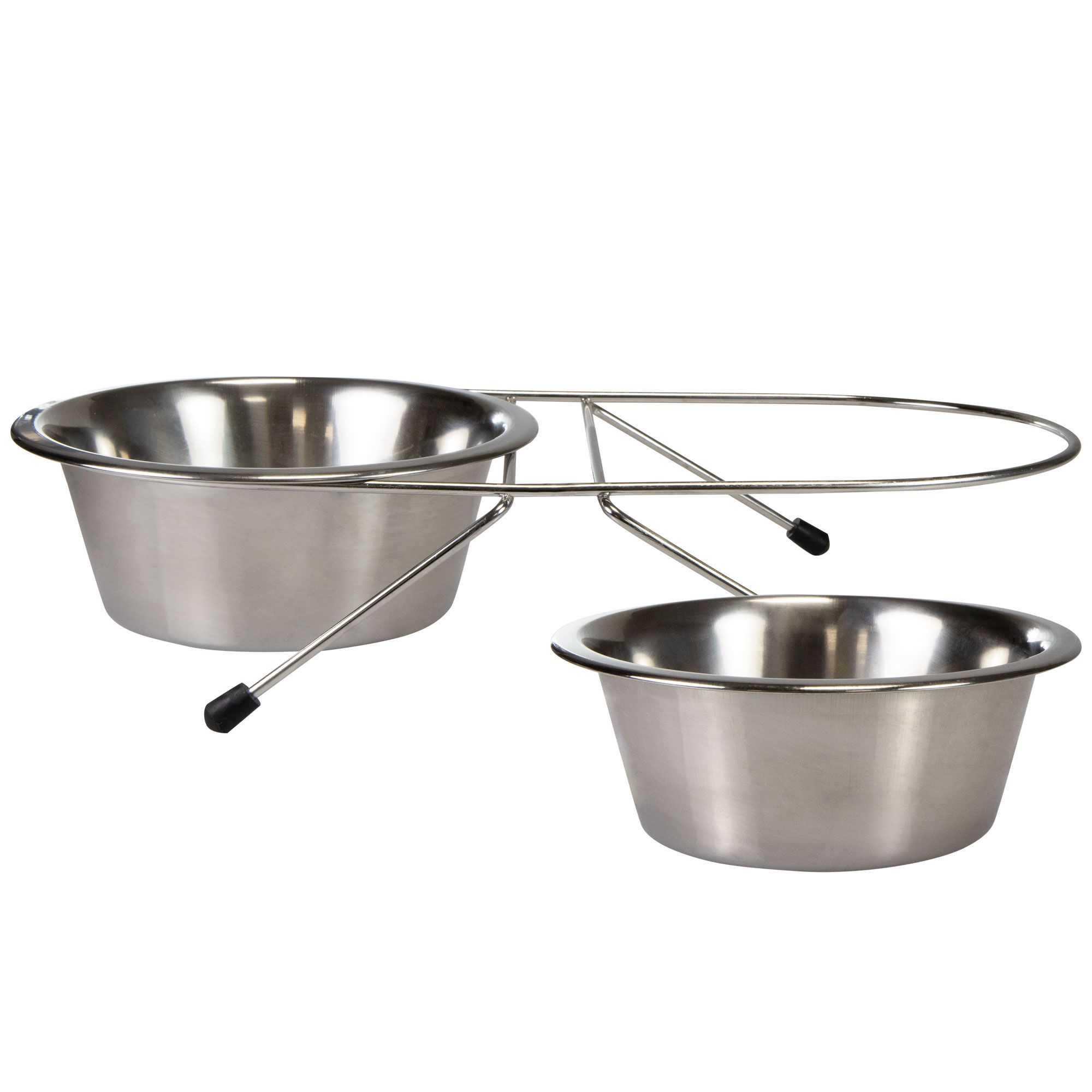 Hundenapf-Set aus Edelstahl. Zwei runde Näpfe in einem schwarzen Metallgestell.