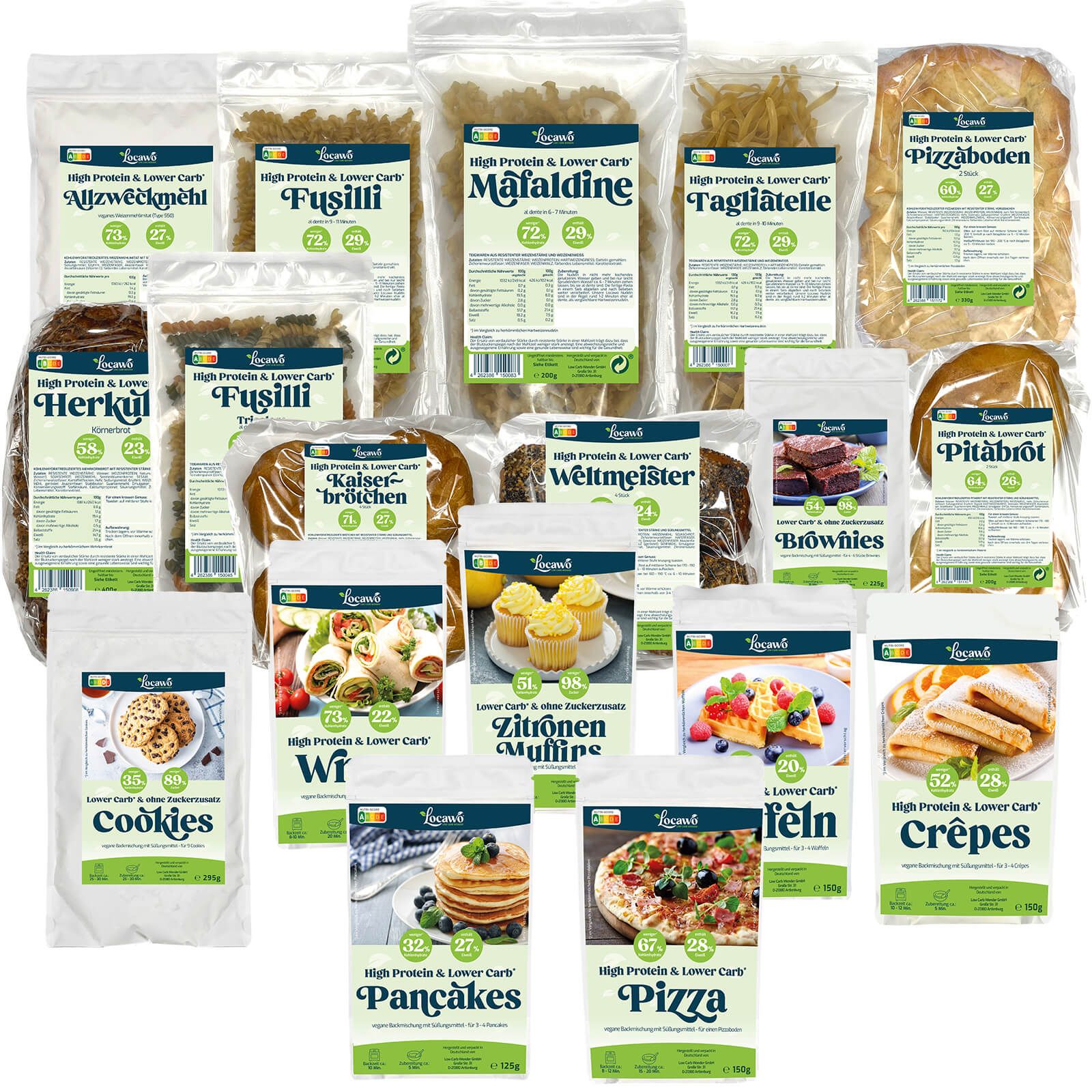 Verschiedene Packungen mit Backwaren. Aufdrucke: High Protein & Lower Carb, verschiedene Namen wie Fusilli, Pizza, Cookies. Grün-weiße Verpackung.
