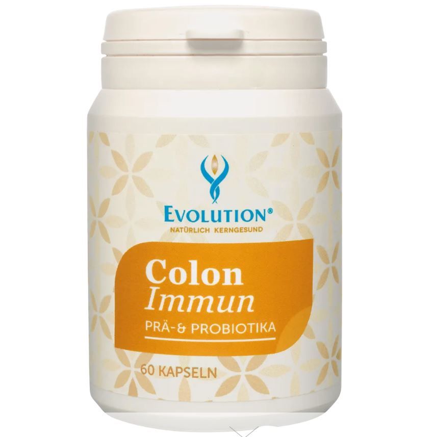 Beige Dose mit Deckel. Aufschrift: Evolution, Colon Immun, Prä- & Probiotika. 60 Kapseln.