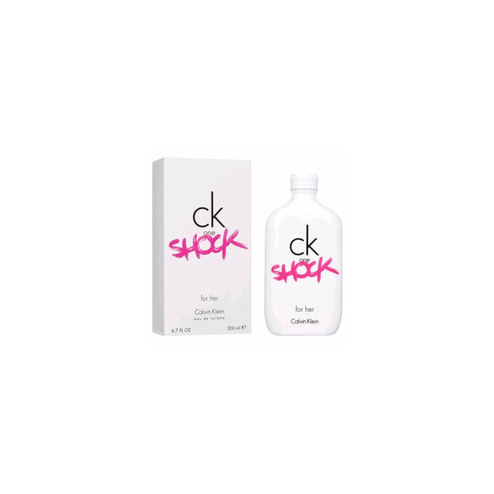 Weiße Flasche und Verpackung mit "ck one SHOCK for her". Flasche mit weißem Verschluss. "Calvin Klein" ist sichtbar.