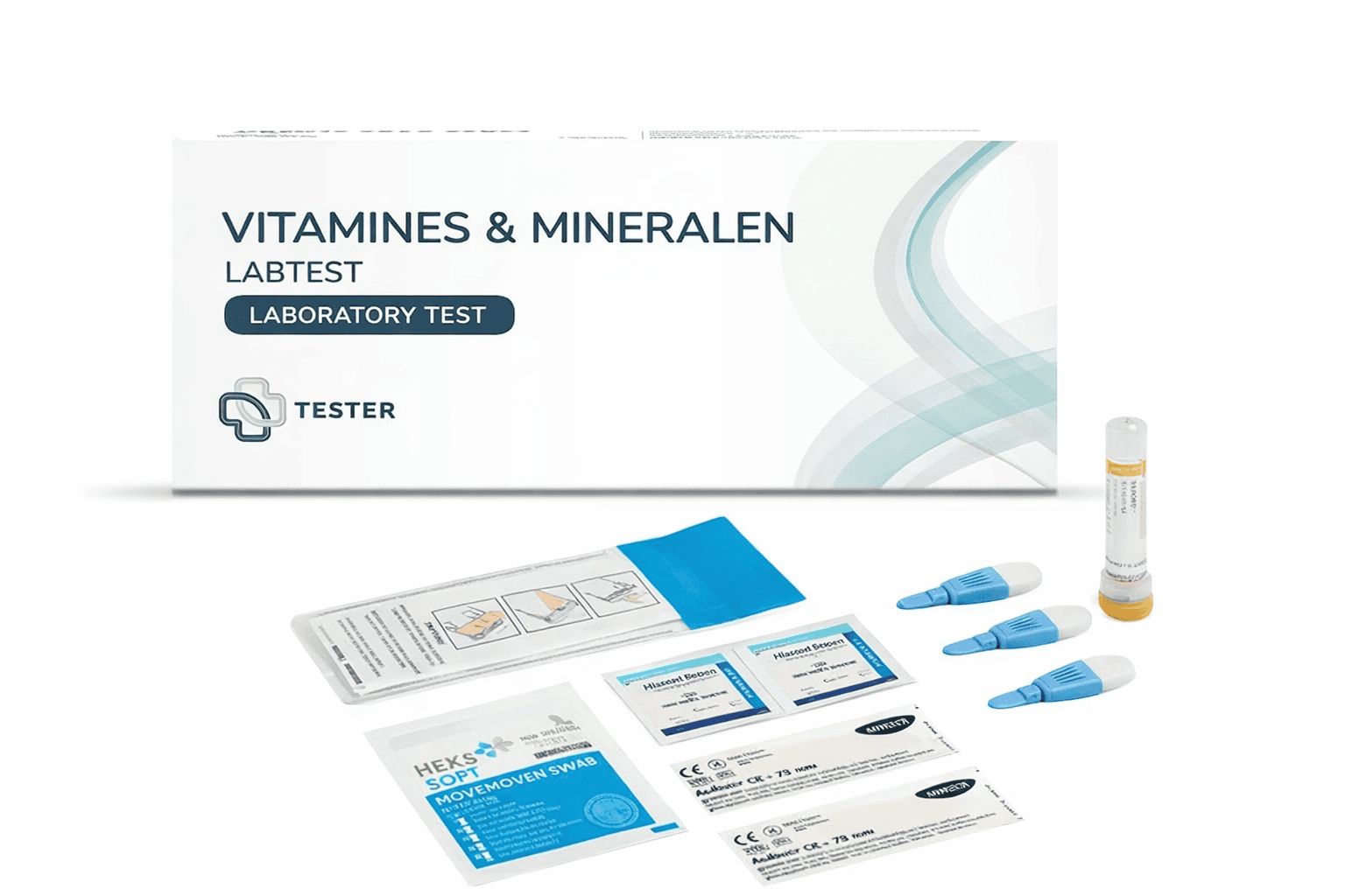Vitamin- und Mineralien-Labortest-Kit mit Lanzetten, Tupfern und Röhrchen.