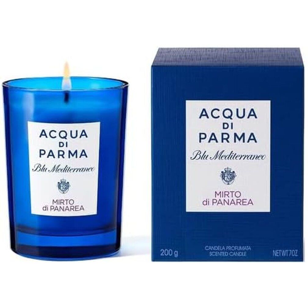 Blaue Duftkerze und Schachtel. Aufschrift: Acqua Di Parma Blu Mediterraneo Mirto di Panarea. Kerze in Glas. Schachtel mit Logo.