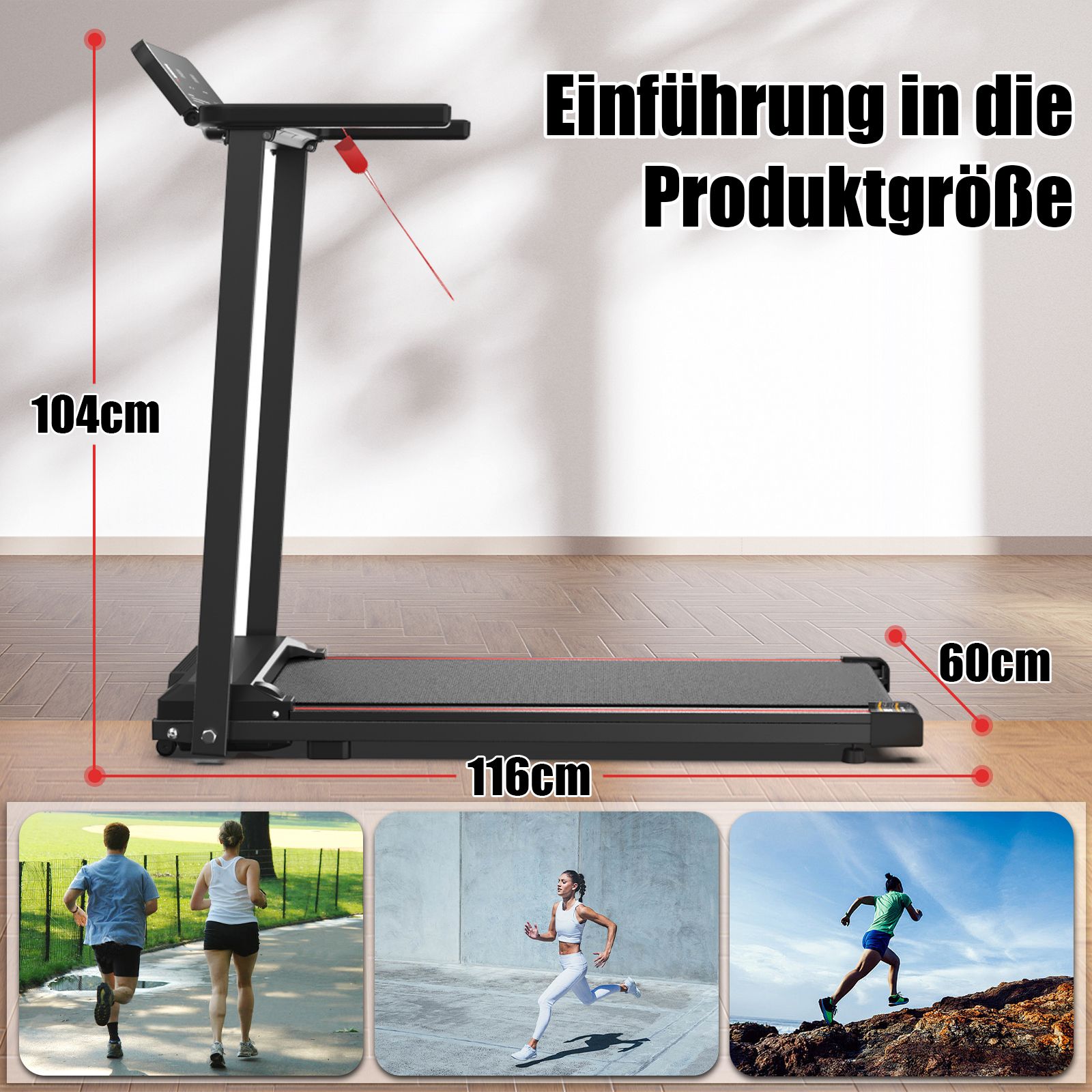 Laufband mit Maßangaben: 116cm lang, 60cm breit, 104cm hoch. Mit Abbildungen von Läufern.
