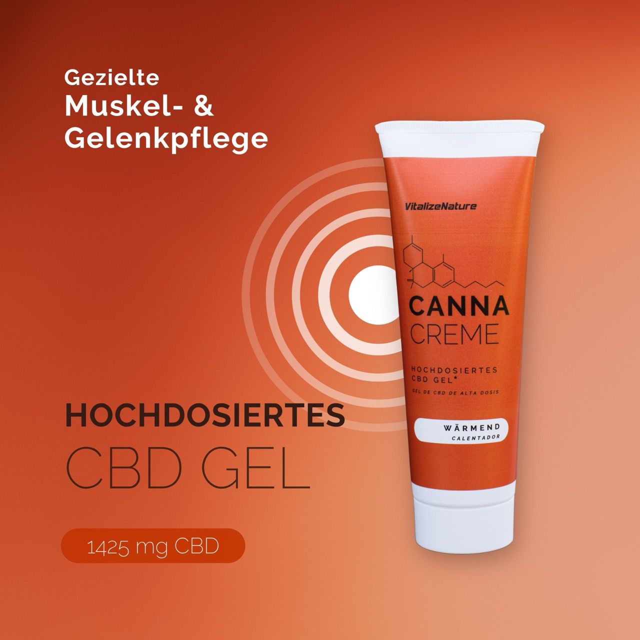 Canna Creme Tube. Orangefarbenes Tube mit Text. Text: Canna Creme, hochdosiertes CBD Gel, wärmend.