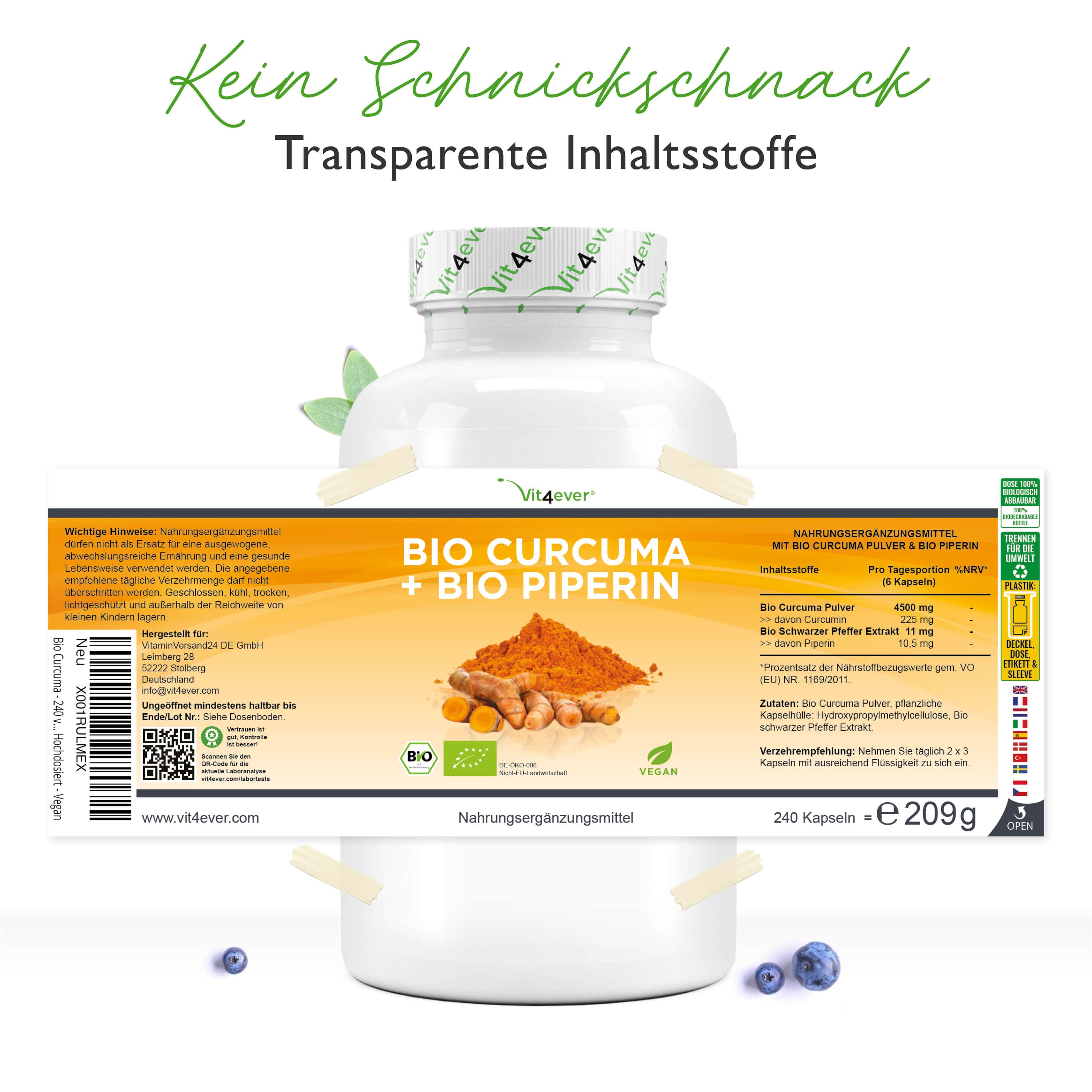 Produktverpackung mit Etikett. Text: BIO CURCUMA + BIO PIPERIN. Inhaltsstoffe, Nährwertangaben, 240 Kapseln.