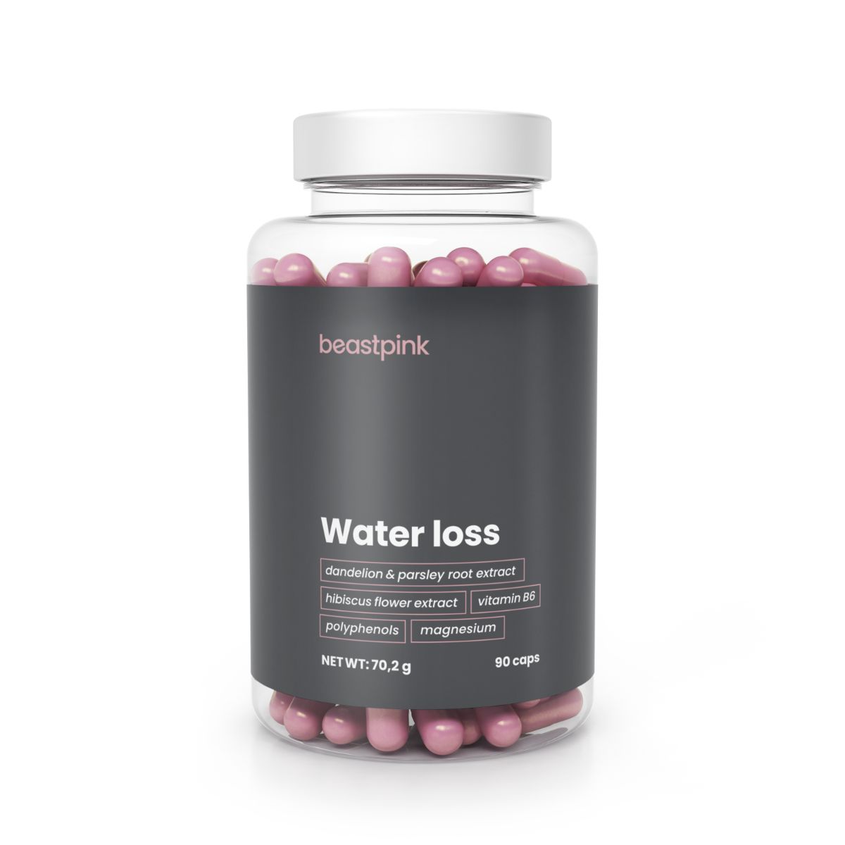 Flasche mit 90 Kapseln für Wasserverlust, enthält Magnesium und Vitamin B6.
