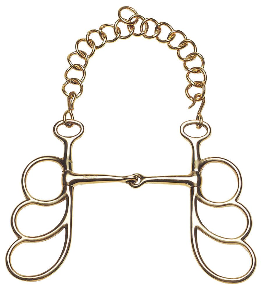 Goldfarbene Kandare mit Kettengliedern. Mundstück mit seitlichen, geschwungenen Elementen.