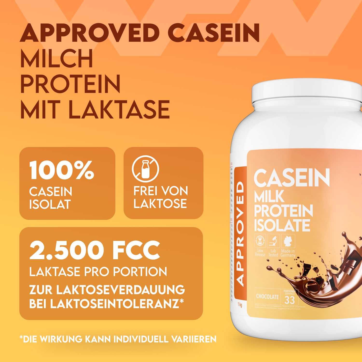 Weiße Dose mit Casein-Isolat-Aufdruck. Orangefarbener Hintergrund mit Text: Milchprotein, Laktase, 100% Casein, frei von Laktose.