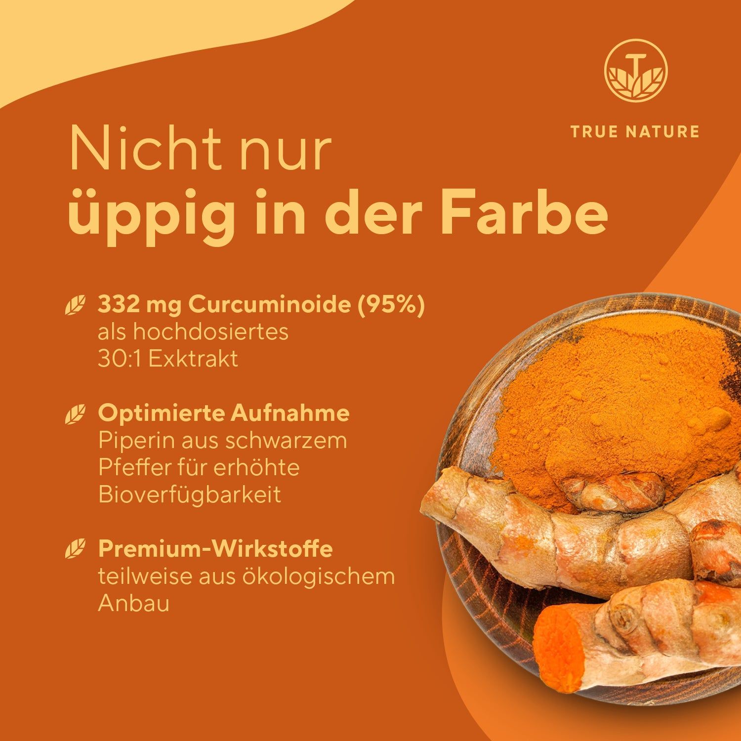 Orangefarbener Hintergrund mit Text. Kurkuma-Pulver und Kurkuma-Wurzeln in einer Schale. Text: 332 mg Curcuminoide, optimierte Aufnahme, Premium-Wirkstoffe.