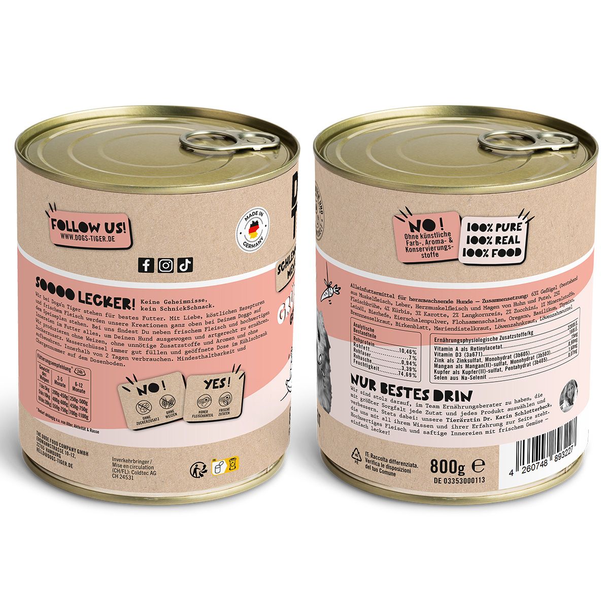 Hundefutter-Dose, Vorder- und Rückseite. Auf der Dose steht: Dogs'n Tiger. Mit Text und Nährwertangaben.