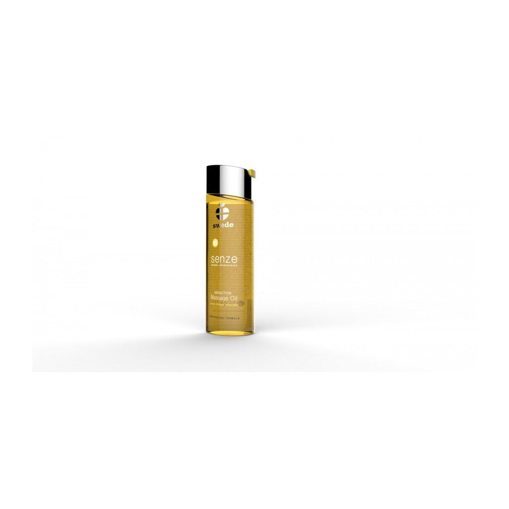 Zylindrische Flasche mit Massageöl. Aufschrift: Swede, Senze, Massage Oil. Deckel silberfarben.