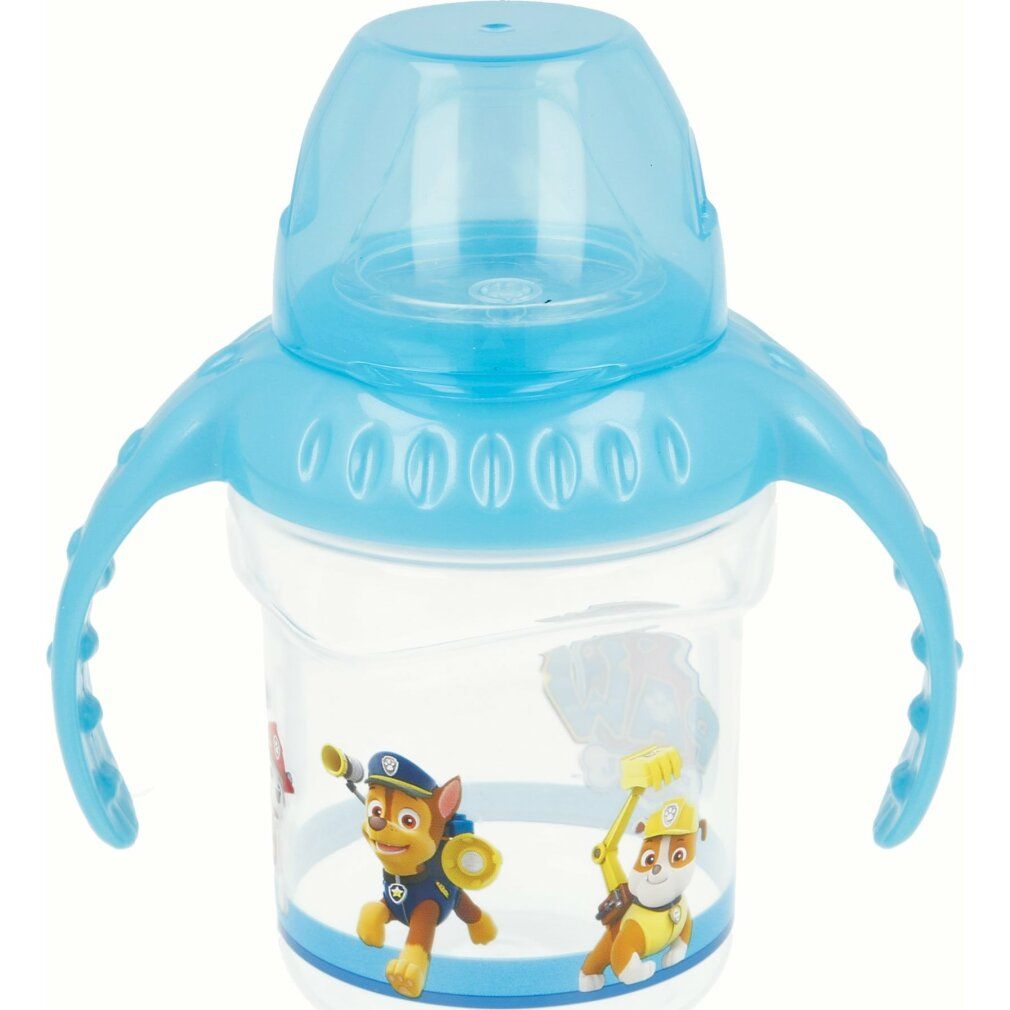 Blauer Becher mit Ohren und Silikonmundstück. Paw Patrol-Figuren. Transparenter Becher mit blauem Deckel und Griffen.