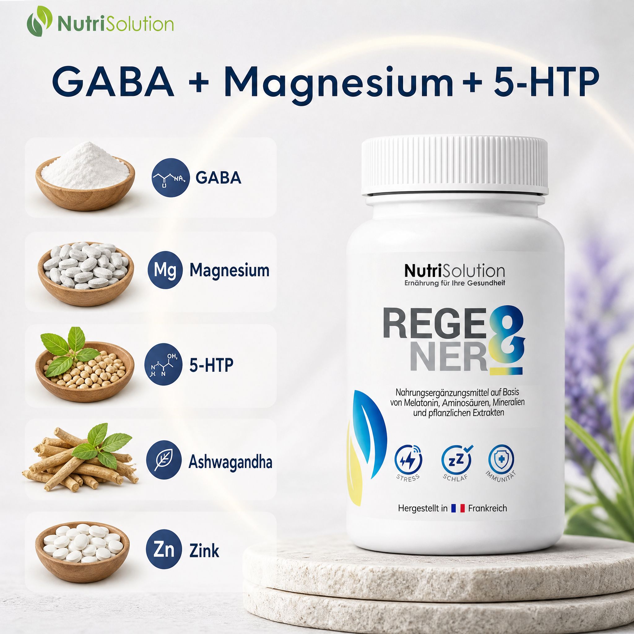 NutriSolution Regener-8 Kapselbehälter mit Zutaten: GABA, Magnesium, 5-HTP, Ashwagandha, Zink.
