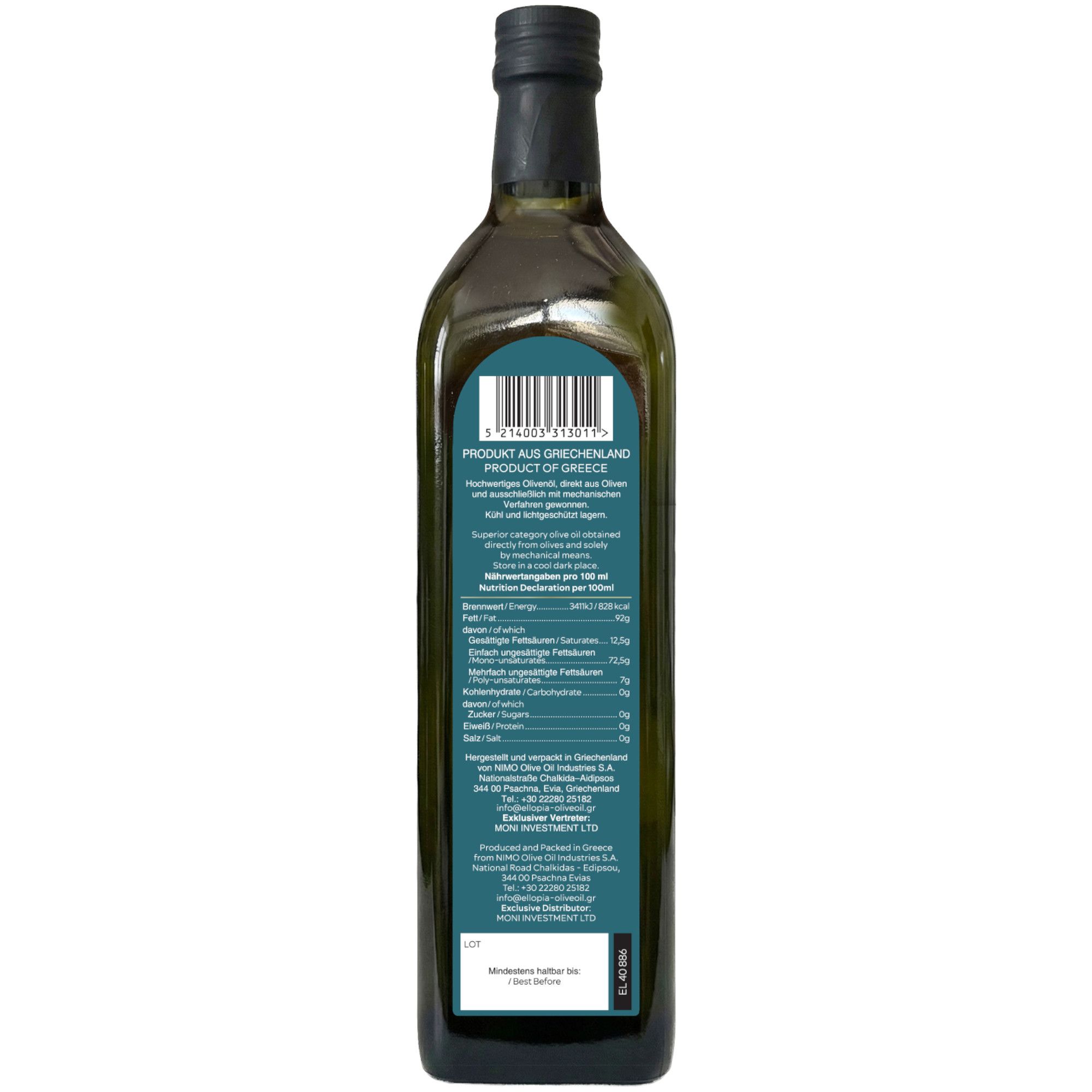 Dunkle Glasflasche mit Olivenöl, Etikett mit Nährwertangaben und Barcode.