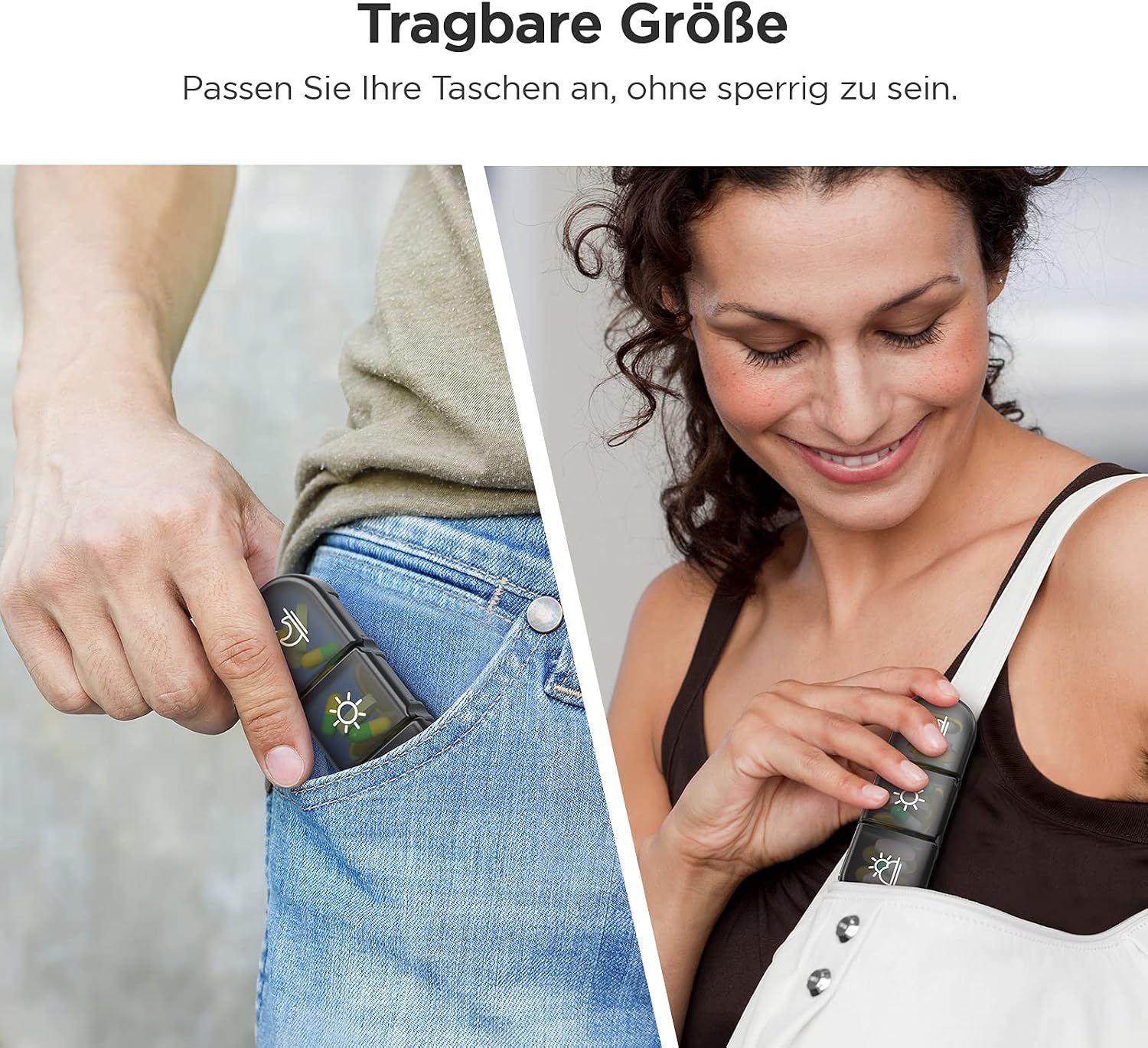 Frau steckt ein kleines Pillenfach in ihre Tasche. Ein Mann steckt ein Fach in seine Hosentasche.