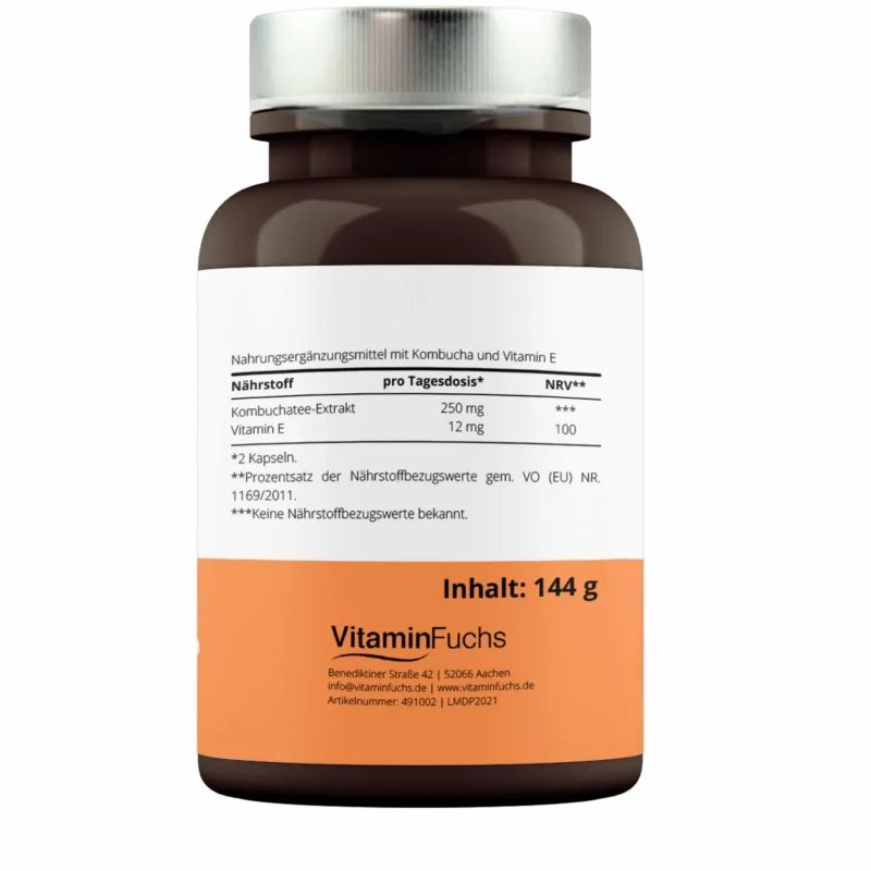 Braune Flasche mit Kombucha Kapseln. Aufkleber mit Nährwertangaben und VitaminFuchs-Logo. Inhalt: 144 g.