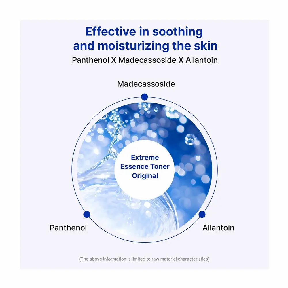 Kreisförmige Grafik mit Text: Extreme Essence Toner Original. Inhaltsstoffe: Panthenol, Madecassoside, Allantoin. Wasser-Illustration.