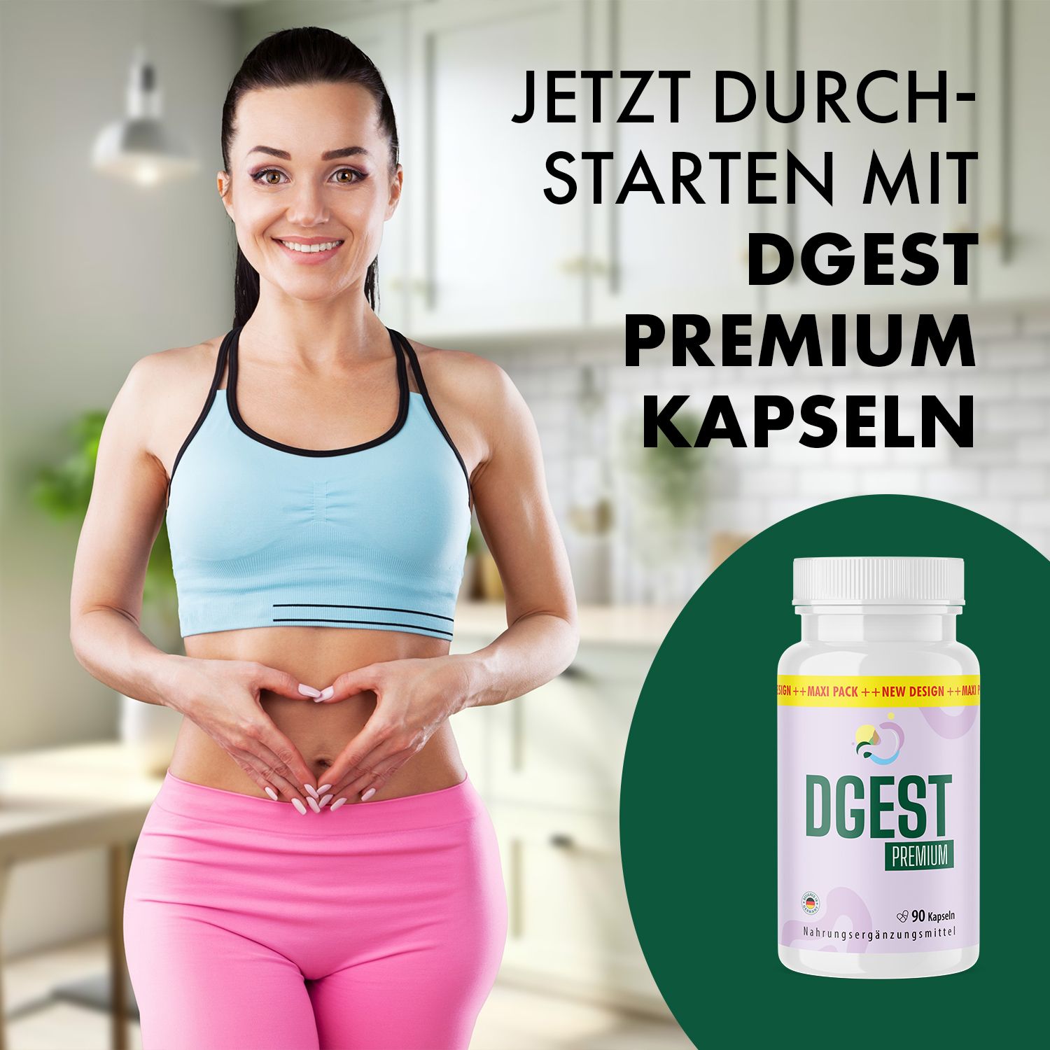 Frau hält Hände auf Bauch, neben Flasche DGEST Premium Kapseln. Text: Jetzt durchstarten mit DGEST Premium Kapseln. 90 Kapseln.