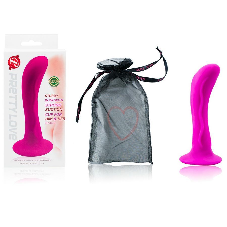 Dildo in Pink. Verpackung mit Produktname. Schwarzer Beutel mit Herz. Saugnapf-Basis.