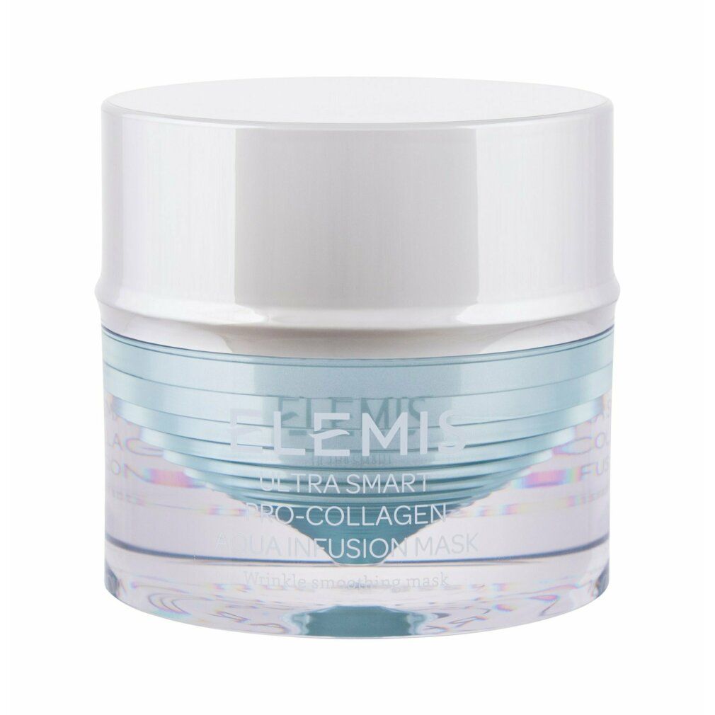 Tiegel mit Aufschrift: Elemis Ultra Smart Pro-Collagen Aqua Infusion Mask. Falten glättende Maske.