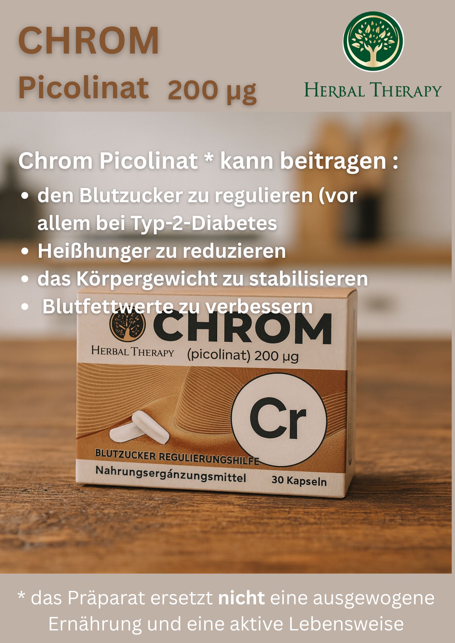 Produktverpackung mit CHROM Picolinat 200 μg. Text: Blutzucker regulieren, Heißhunger reduzieren, Körpergewicht stabilisieren, Blutfettwerte verbessern.