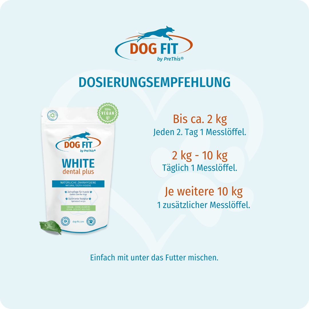 Beutel DOG FIT WHITE dental plus. Text: Dosierungsempfehlung. Vegan. Messlöffel. Einfach mit unter das Futter mischen.