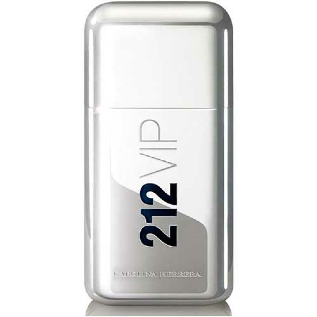 Silberfarbener Flakon mit 212 VIP-Schriftzug. Carolina Herrera ist am Boden sichtbar.