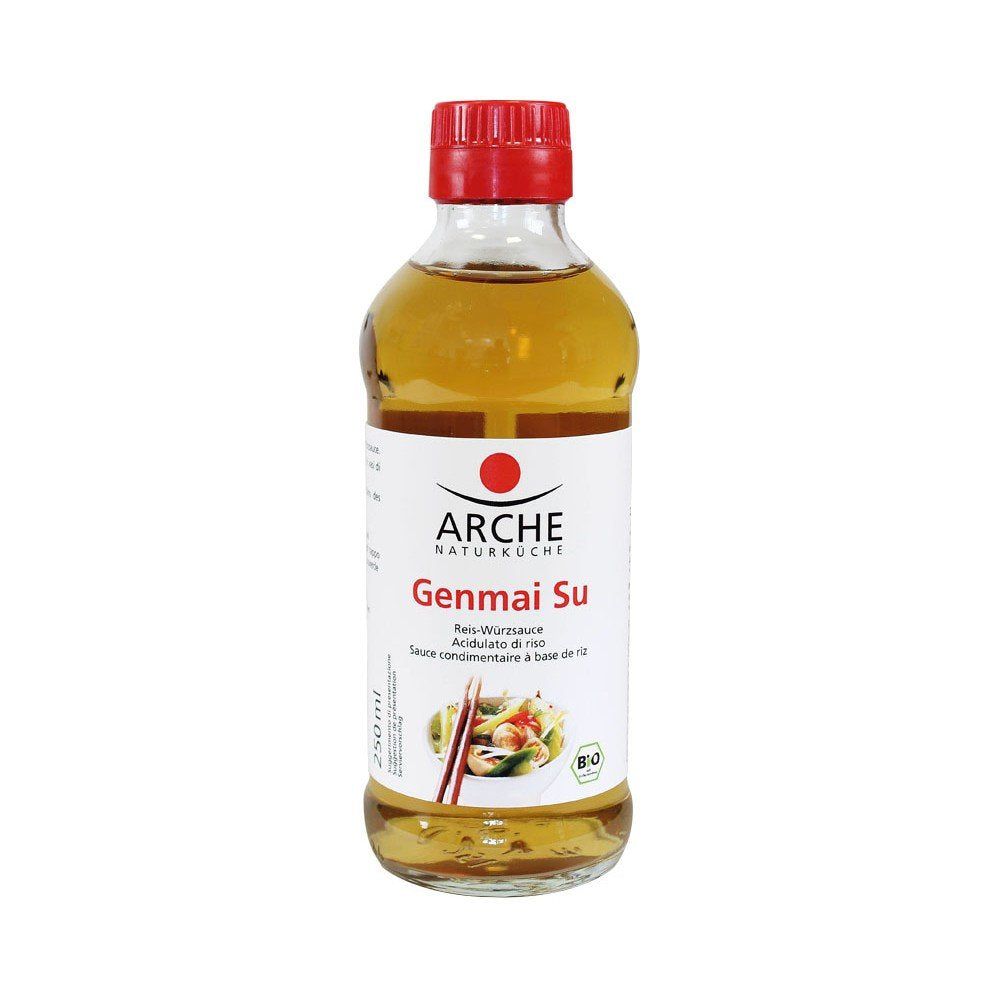 Flasche Arche Genmai Su Reis-Würzsoße mit rotem Deckel und Etikett.