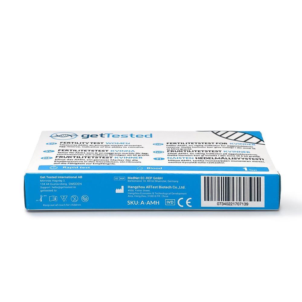 GetTested-Verpackung, Unterseite. Barcode, CE-Kennzeichnung und Herstellerinformationen.