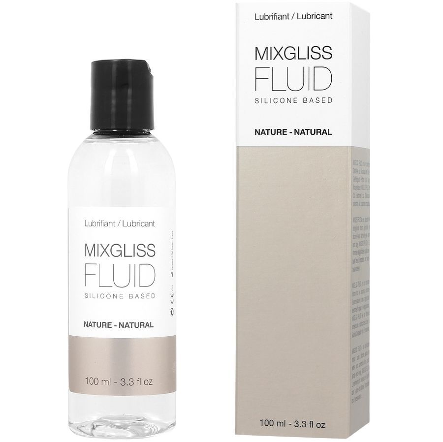 Mixgliss Fluid Gleitmittel auf Silikonbasis in transparenter Flasche mit schwarzem Verschluss und Umverpackung.