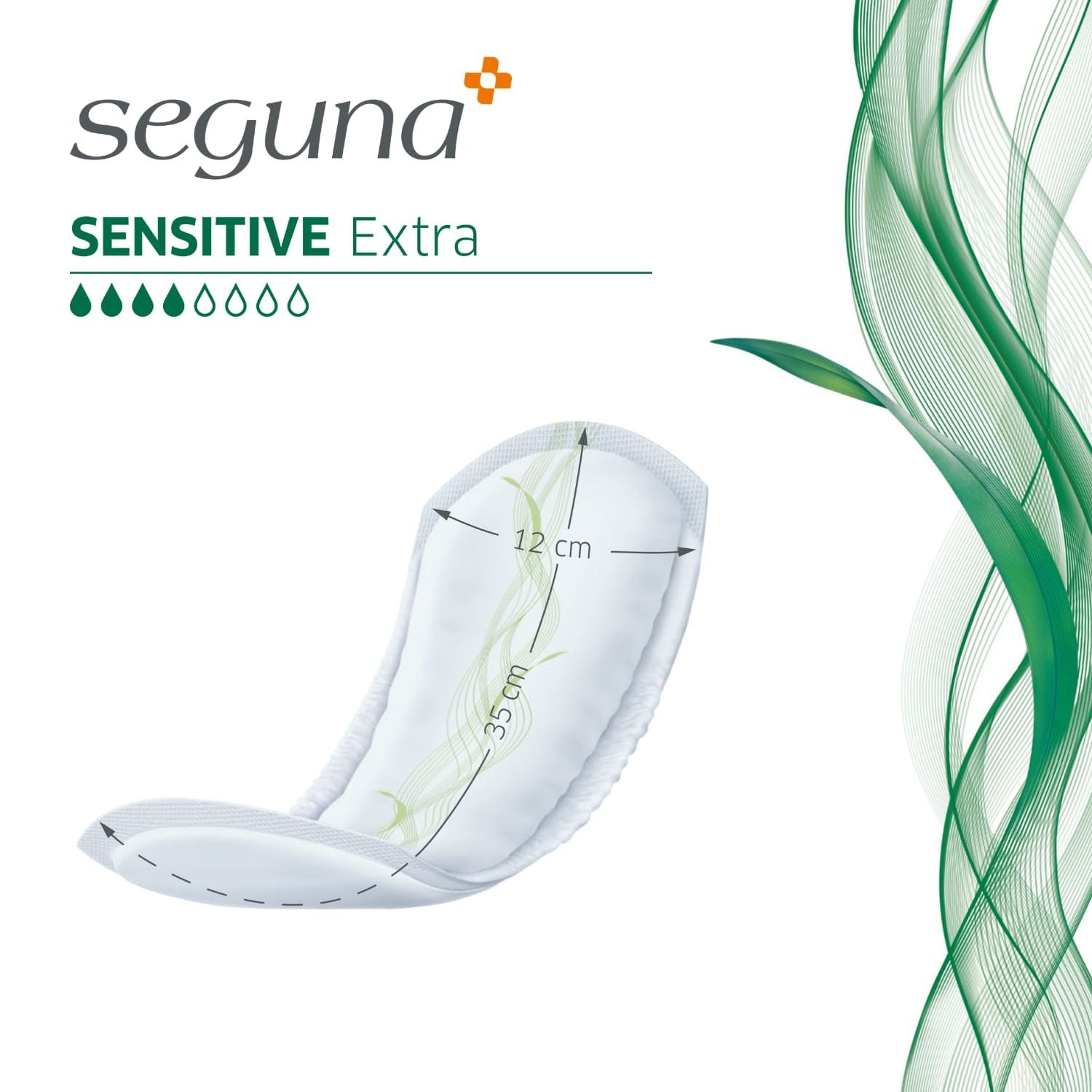 Produktabbildung SEGUNA Sensitive Extra.  Maße: 35 cm Länge, 12 cm Breite.  Grüne, geschwungene Linien.