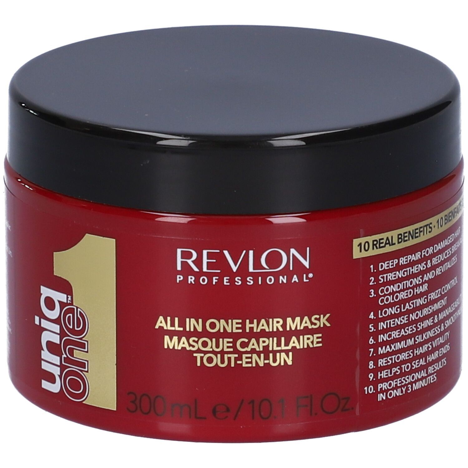 Rote Dose mit schwarzem Deckel. Aufschrift: Revlon Uniq One All in One Hair Mask. 300ml/10.1 Fl.Oz.