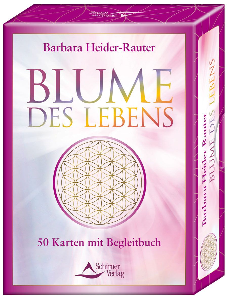 Kartenbox "Blume des Lebens" von Barbara Heider-Rauter. Box mit 50 Karten und Begleitbuch. Schirner Verlag Logo.