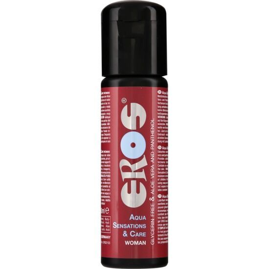 Rote Flasche mit schwarzem Deckel. Aufschrift: EROS Aqua Sensations & Care WOMAN. Text: Glycerin Free & Aloe Vera and Panthenol.