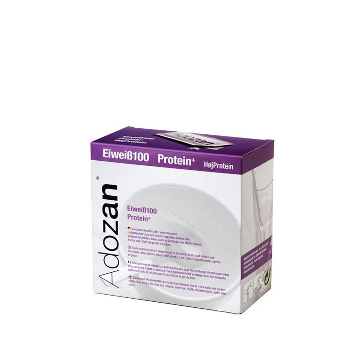 Karton mit "Eiweiß 100 Protein+". Text in Deutsch, Englisch und Französisch. Logo "Adozan". Lila Deckel, weißer Karton.